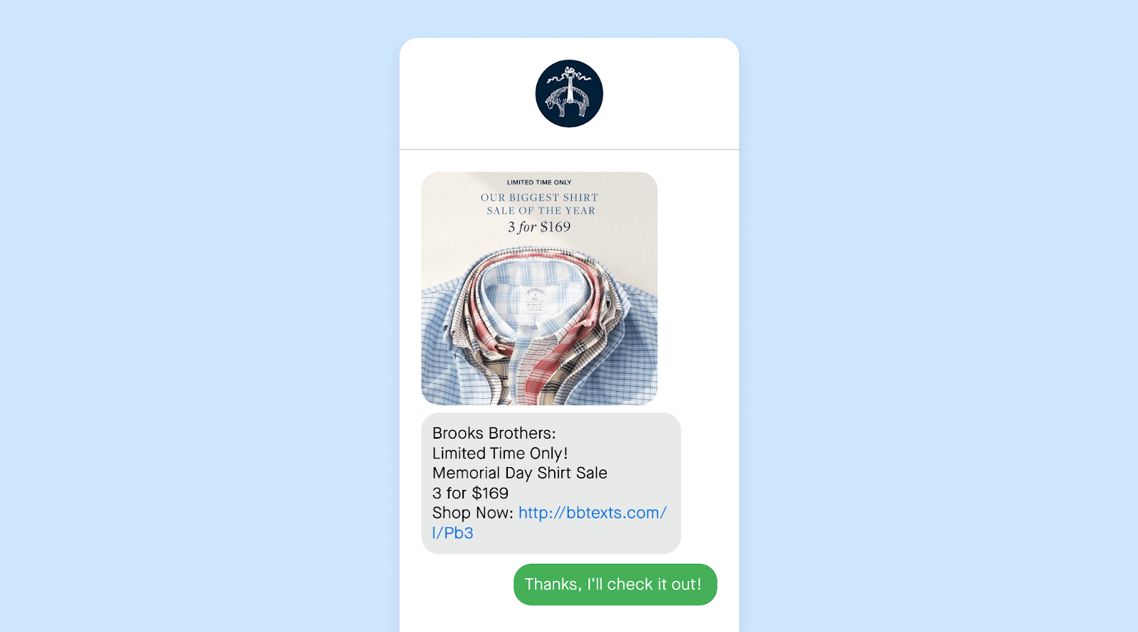 Memorial Day text message example from Brooks Brothers