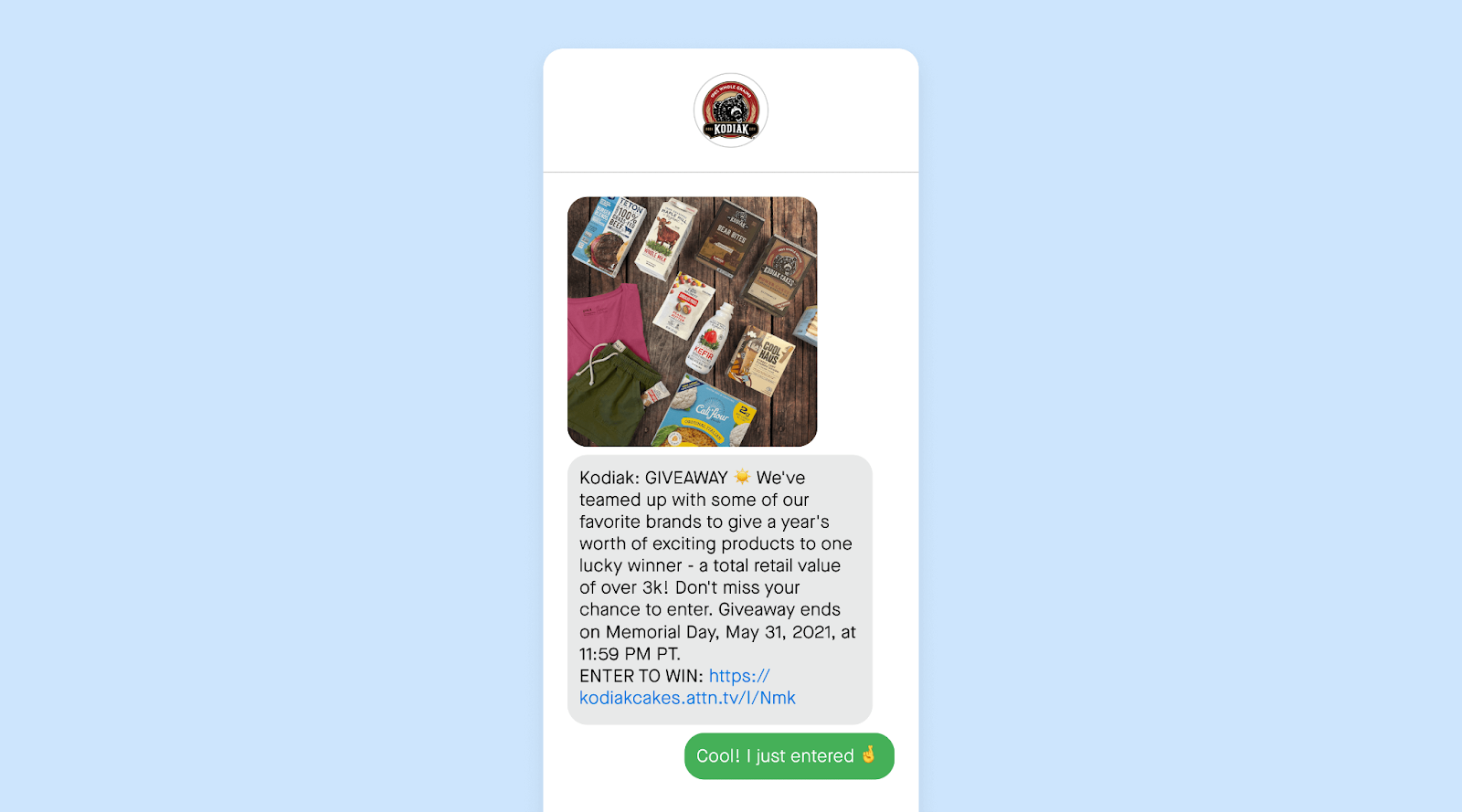 Memorial Day text message example from Kodiak Cakes