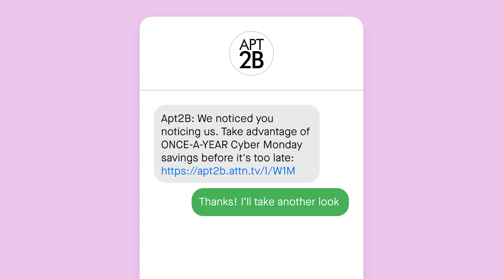 Black Friday/Cyber Monday text message example from Apt2B