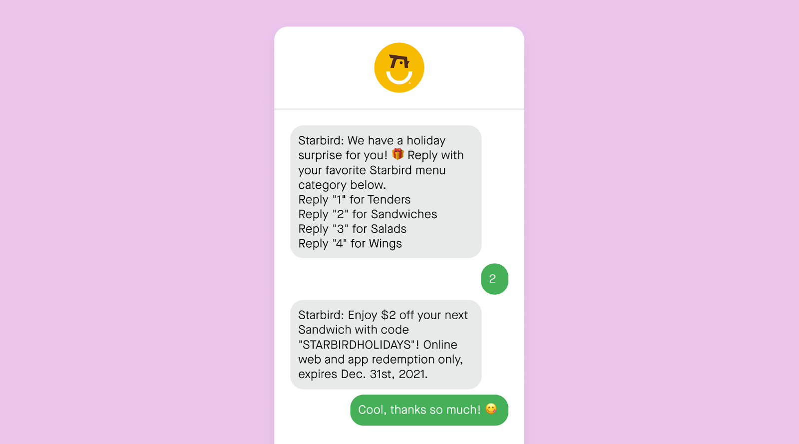 Black Friday/Cyber Monday text message example from Starbird.
