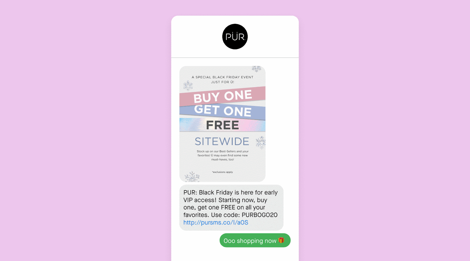 Black Friday/Cyber Monday text message example from PUR cosmetics.