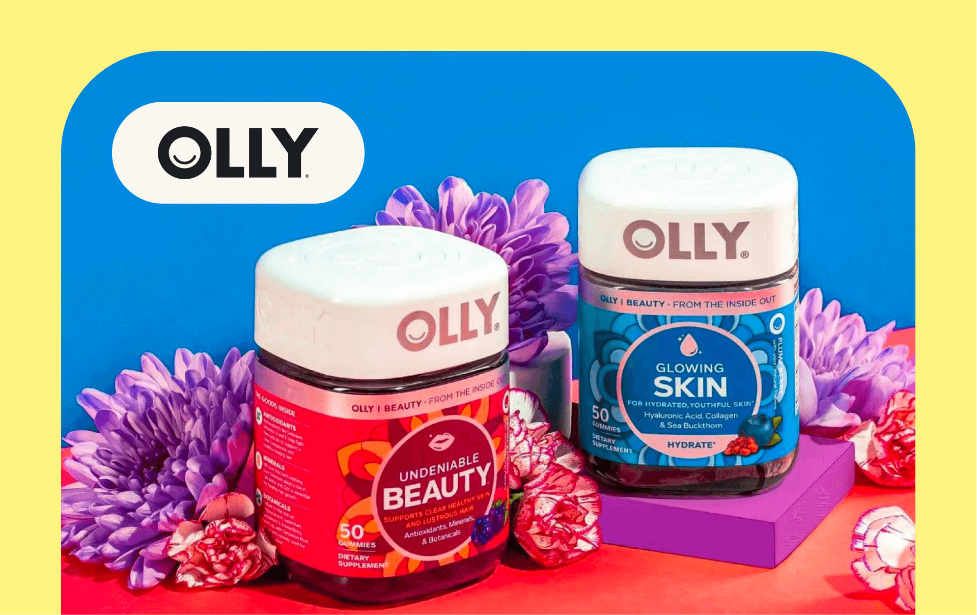 Two bottles of Olly gummy supplements. One bottle is labeled "Undeniable Beauty" and the other is labeled "Glowing Skin."