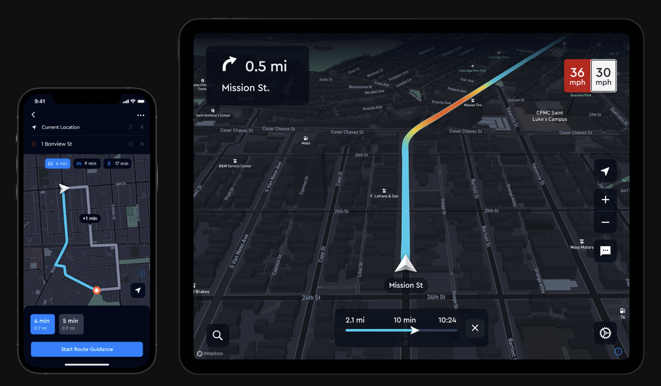 Mapbox Navigation SDK running on an iPhone and an iPad.