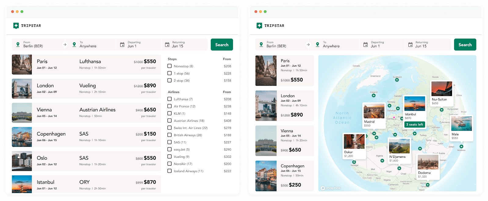 Before: flat list of travel search results on a travel website. After: an exciting world of possibilities mapped on a surface of a stylised 3D globe,