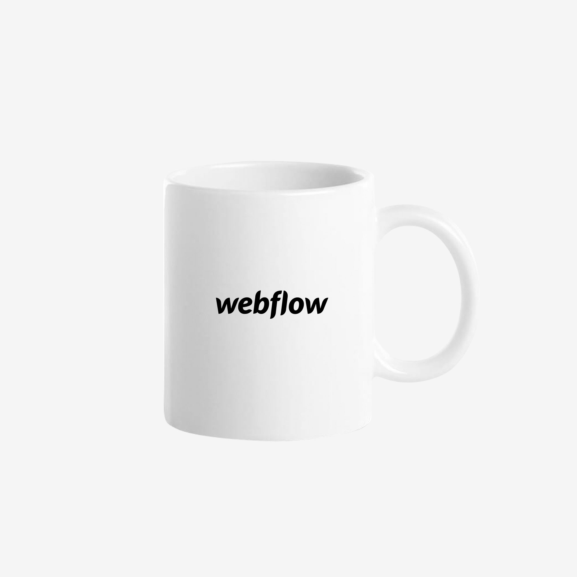 A white ceramic coffee mug with a small black Webflow logo centered on one side.