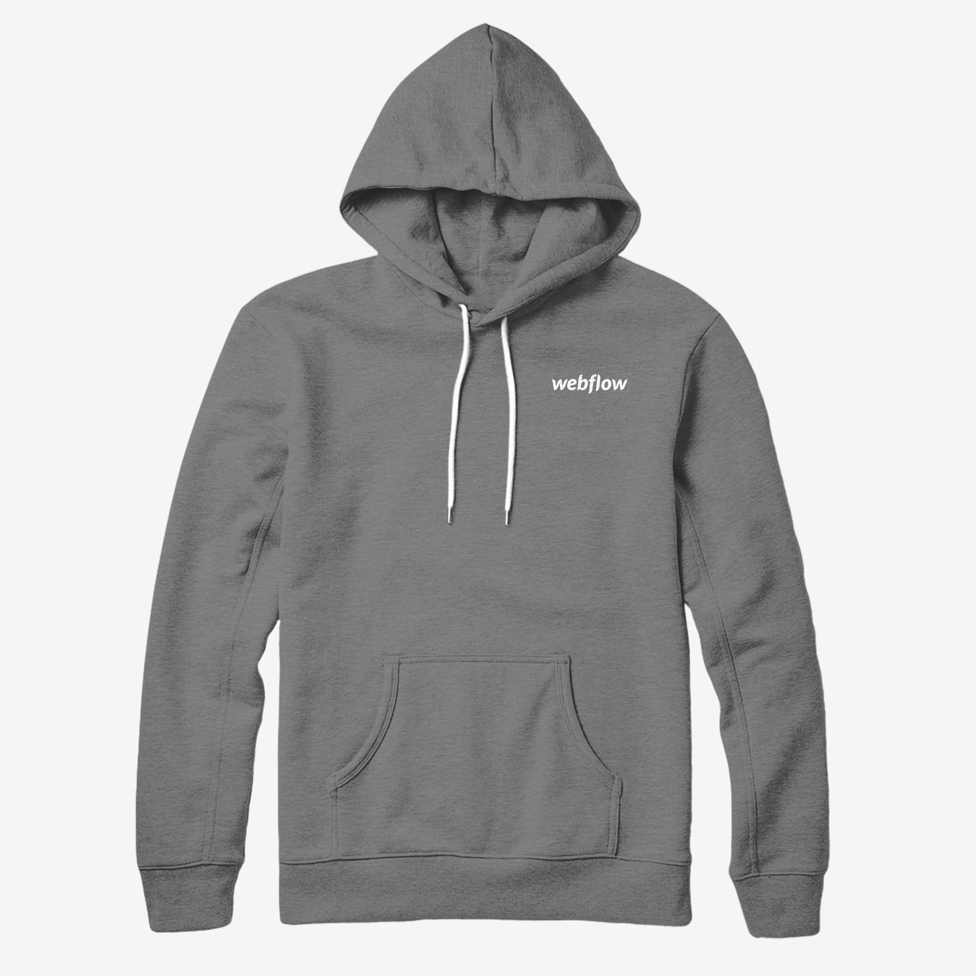 A hooded sweatshirt with a front pocket, white draw strings and a small Webflow logo in the upper right corner.