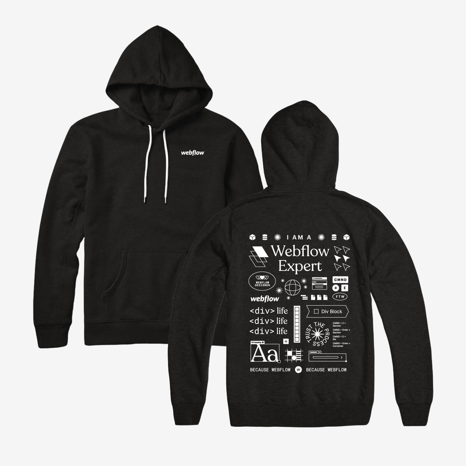 A black hooded sweatshirt with a front pocket, white draw strings and a white Webflow logo in the upper right corner, plus a design on the back of large illustration icons and text saying "I am a Webflow Expert"