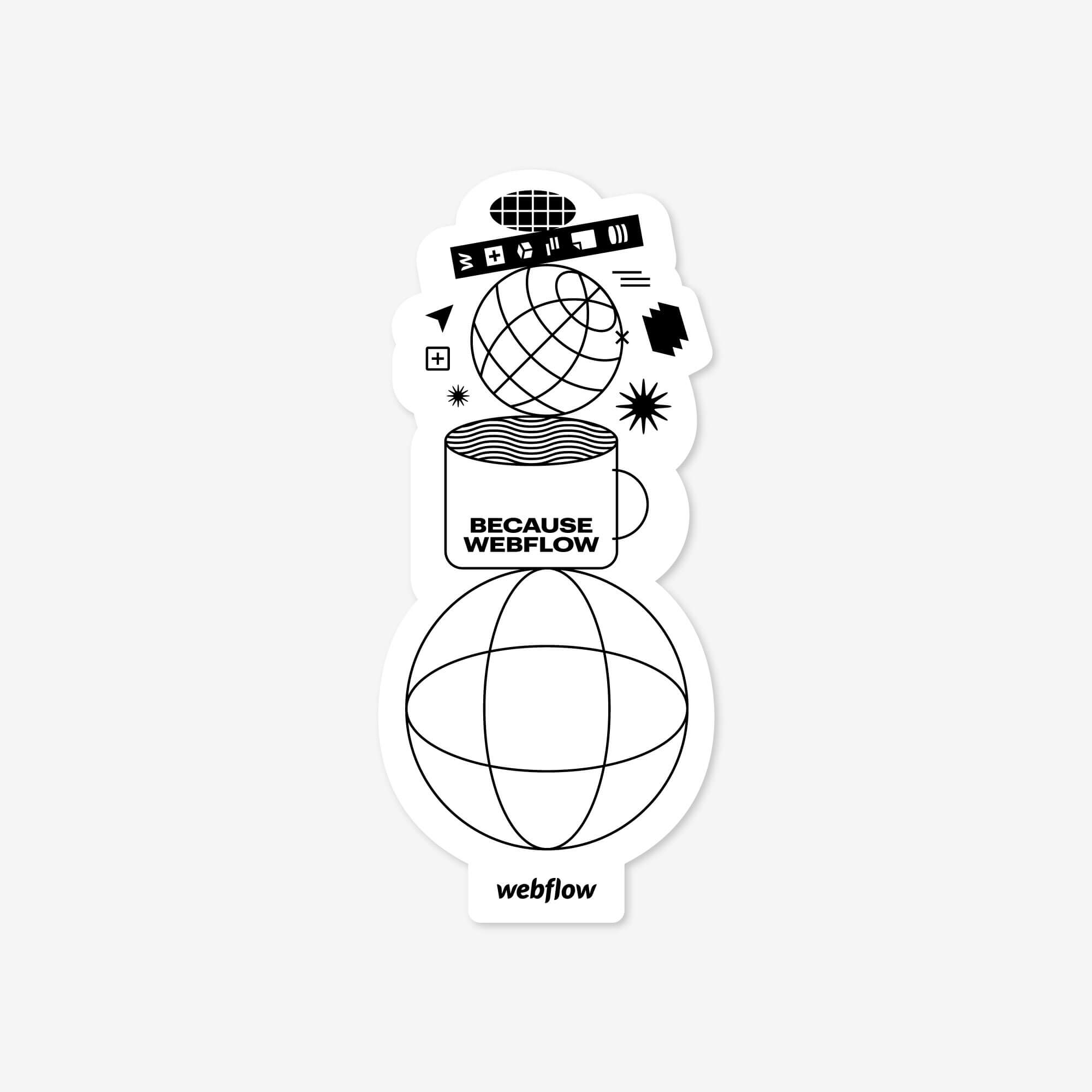 A white sticker with a stack of abstract illustrations representing a globe, coffee cup, Webflow Designer UI and the words "Because Webflow"