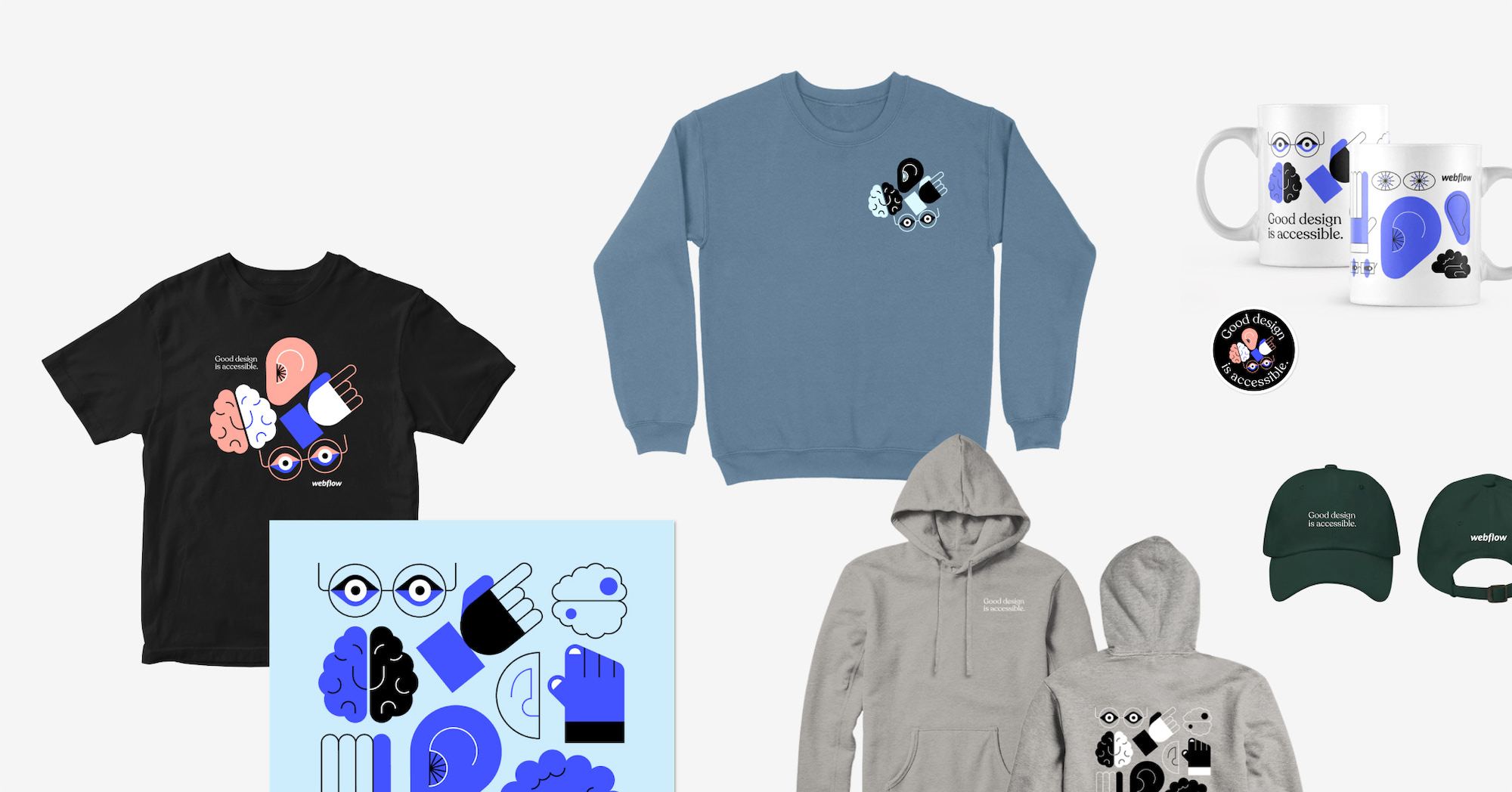 Arrangement of products from collection like a t-shirt, crew neck sweatshirt, poster, mug, sticker, hat and hoodie.