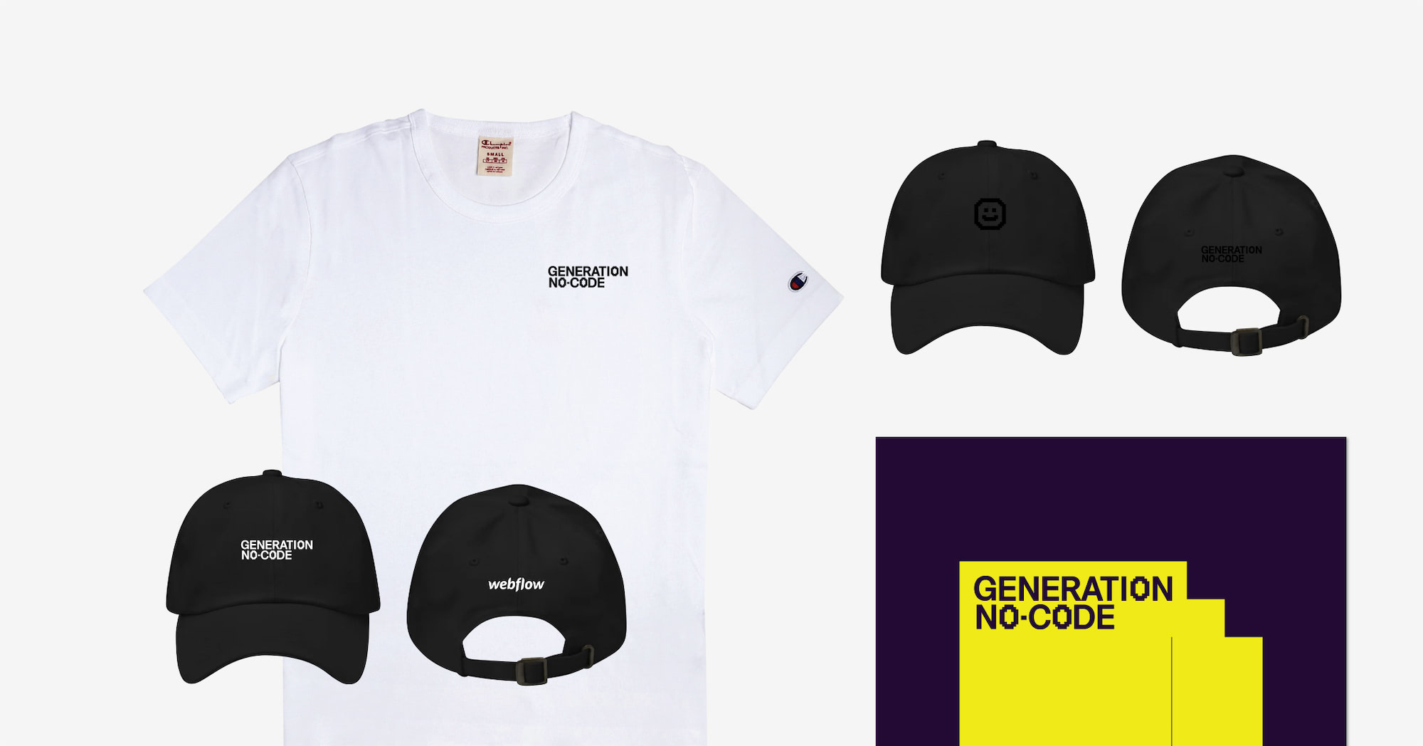 Two black hats, a white t-shirt and a poster all designed with the Generation No-Code logo and type.