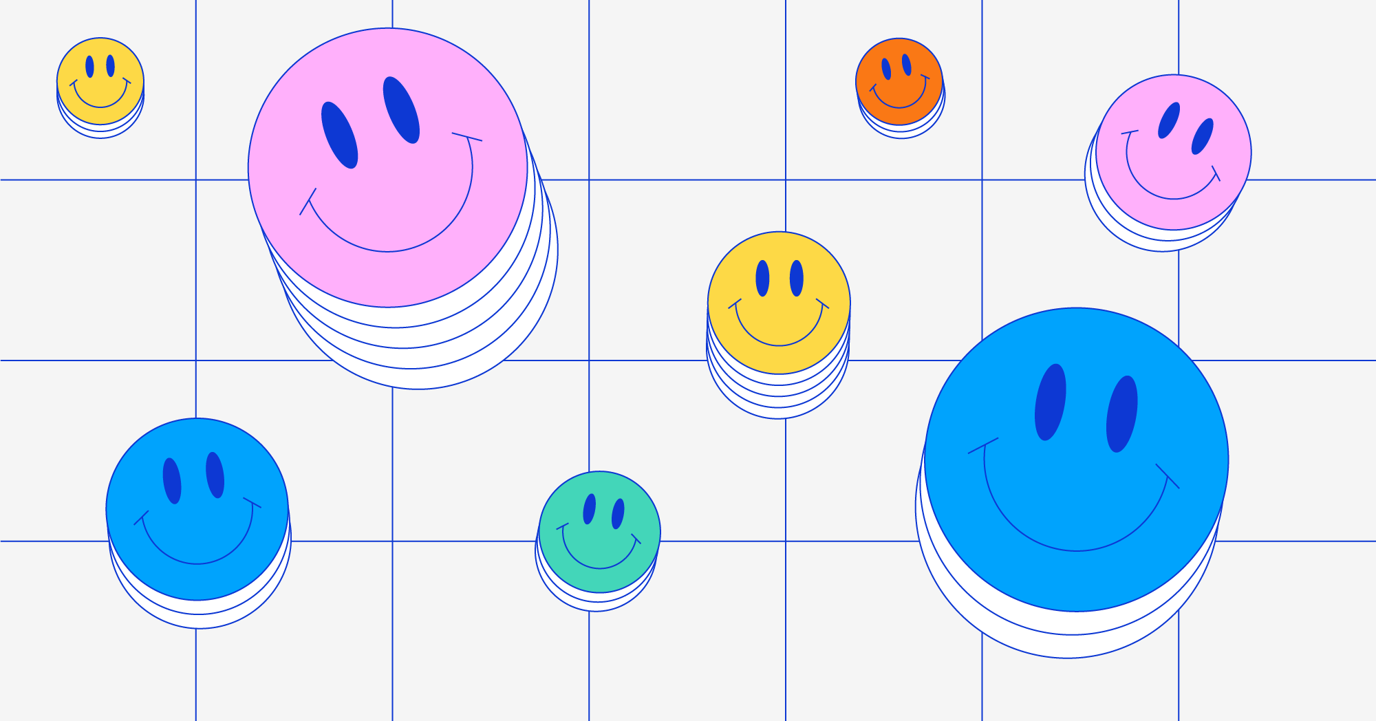 A grid with a collection of colorful smiley faces in a variety of sizes
