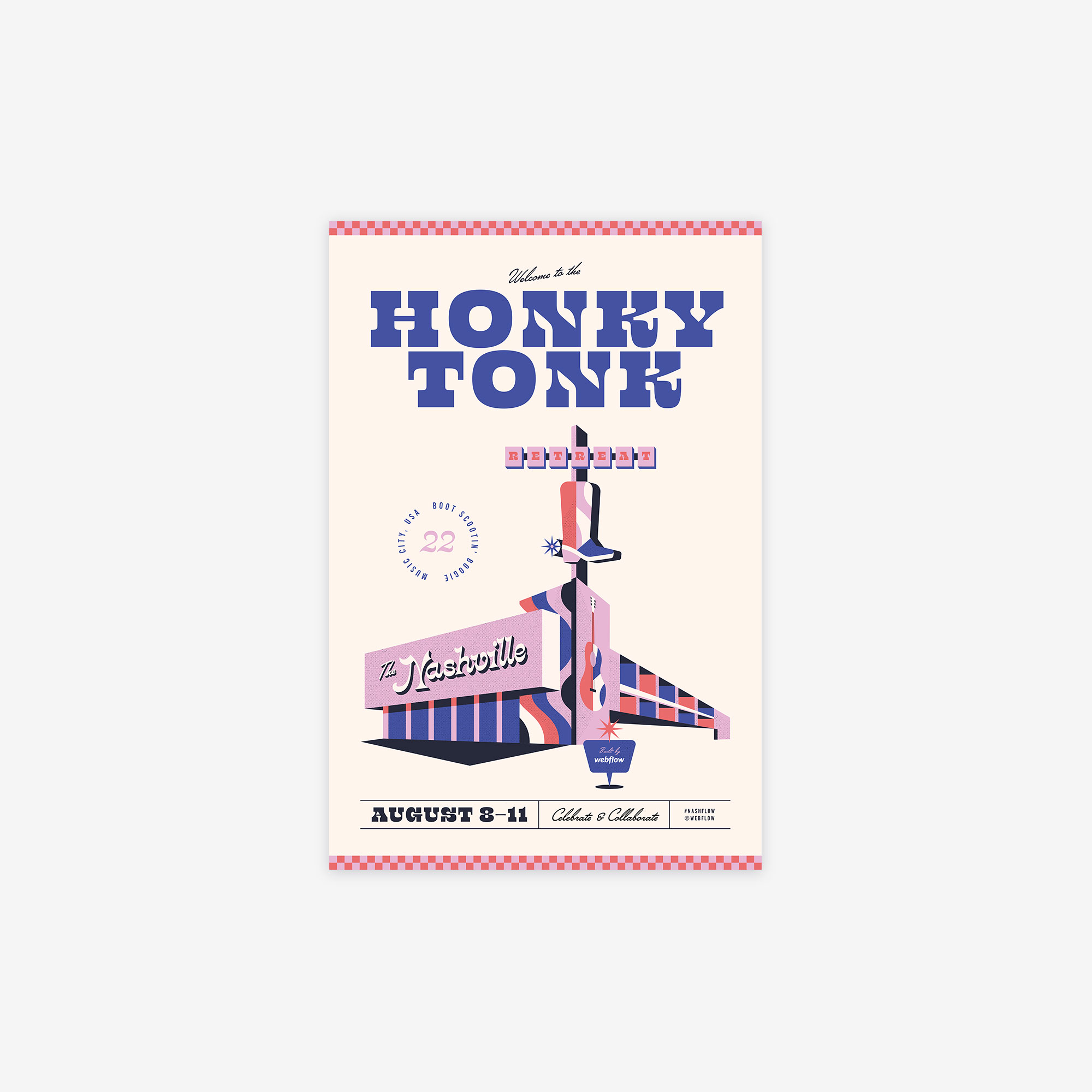 A colorful poster saying "Welcome to the honkey tonk" in bold blue letters featuring a retro motel illustration with a sign that says "The Nashville".