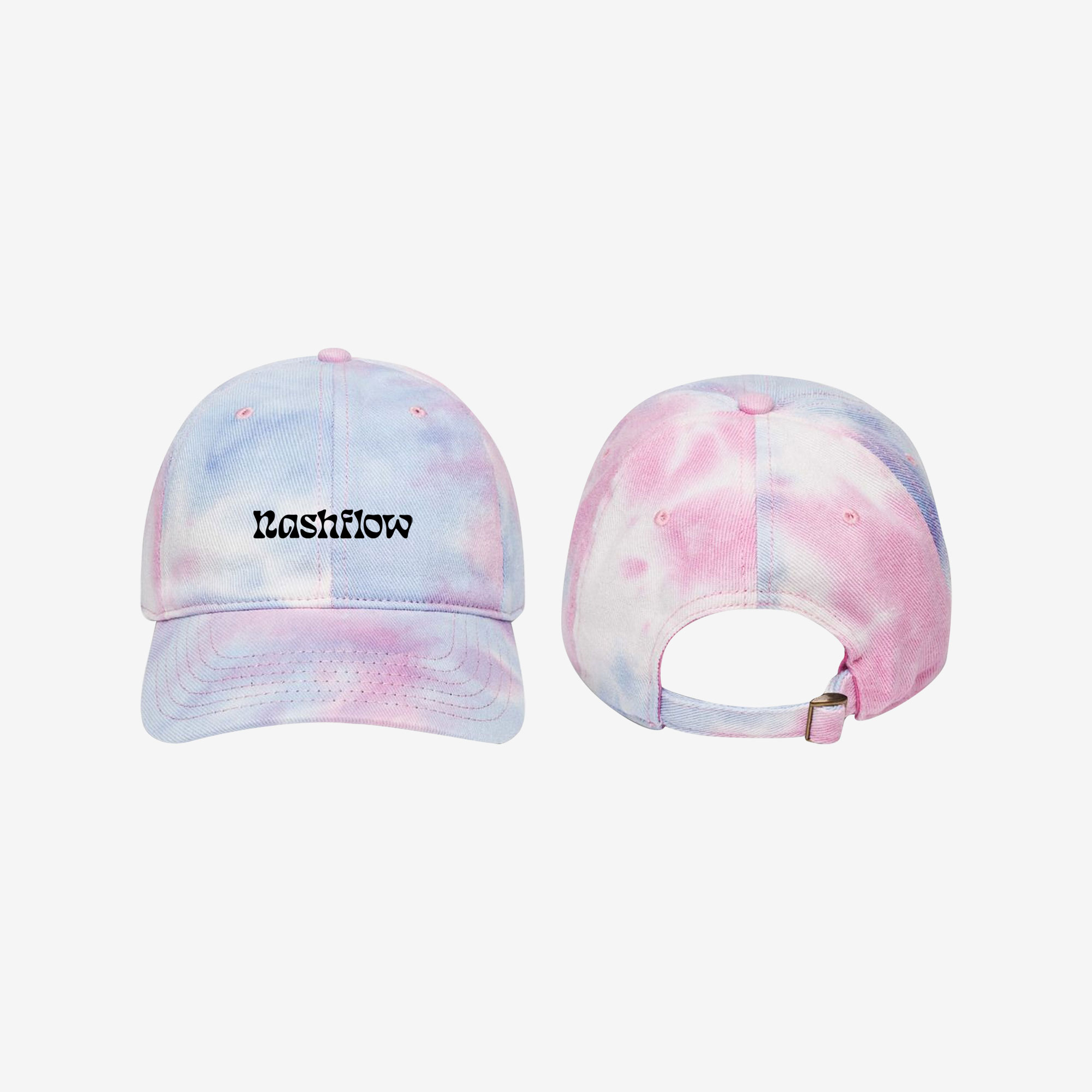 Pink, blue, and white tie-dye hat with the Nashflow word mark in black embroidery on the front.