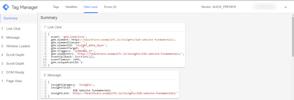 data layer snippet in GTM