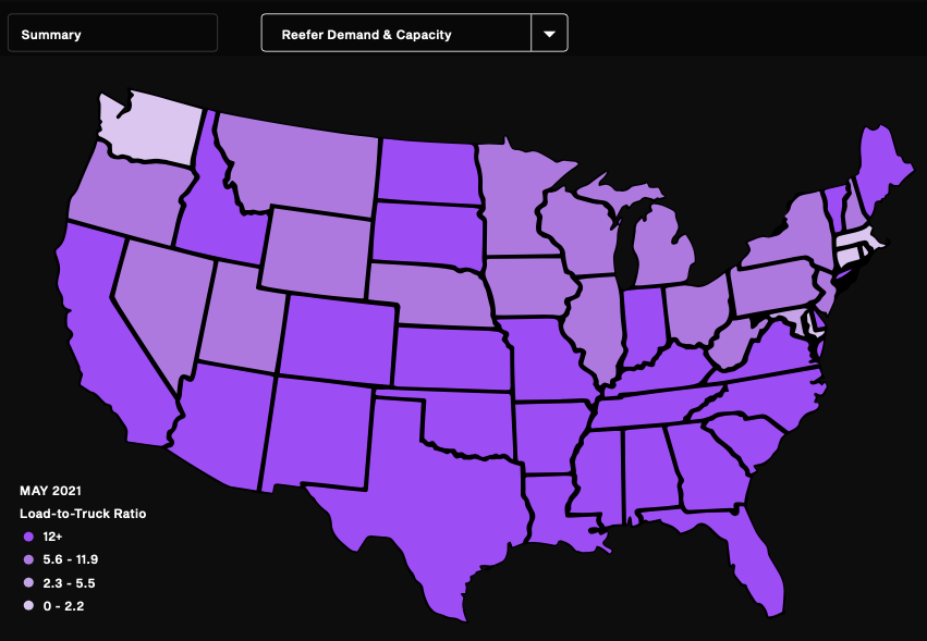 load to truck ratio split across the states with color-coding