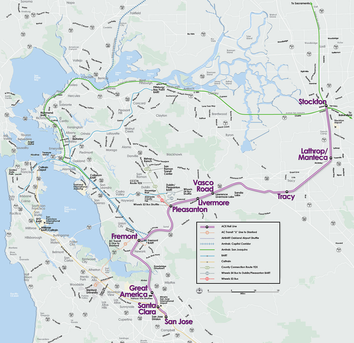 detailed map of the acerail transit route across the bay area