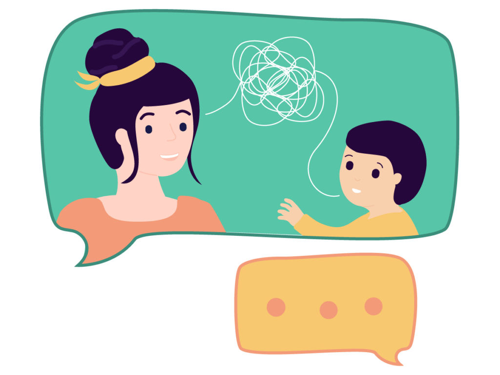 An illustration of an Early Years educator talking to a child in a speech bubble, with another speech bubble below.