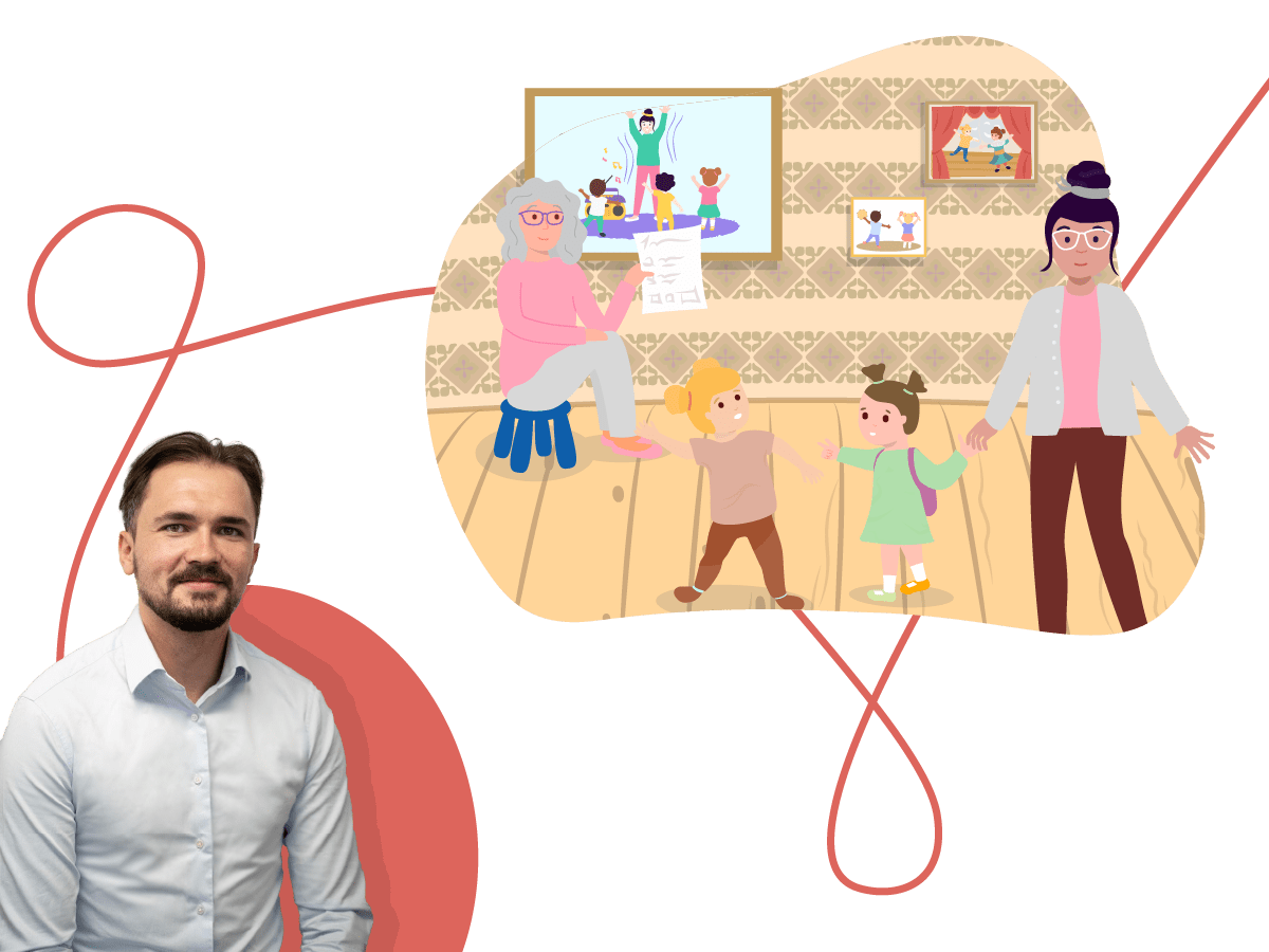 Matt, an Early Years administrator with an illustration of an Early Years setting. There are two educators and two children playing