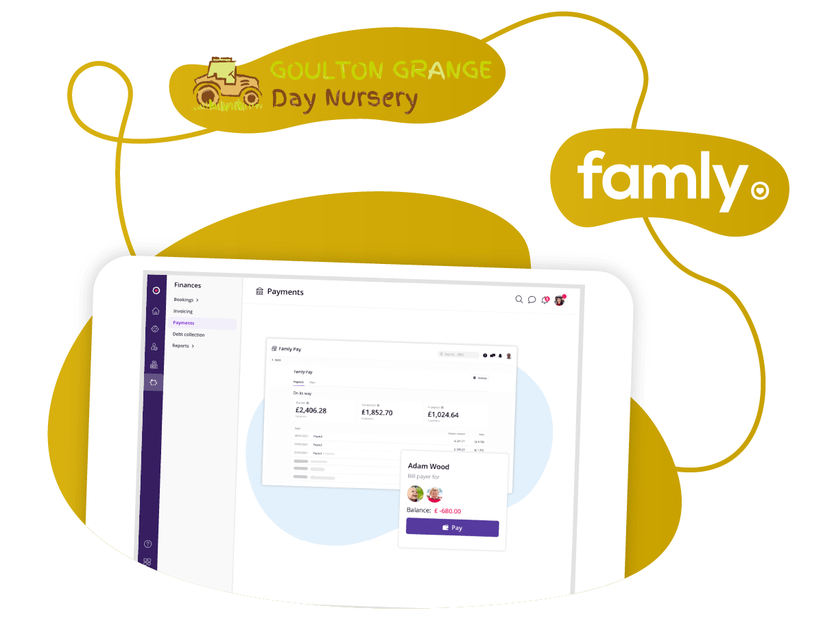 Goulton Grange Day Nursery logo and Famly app showing on an iPad