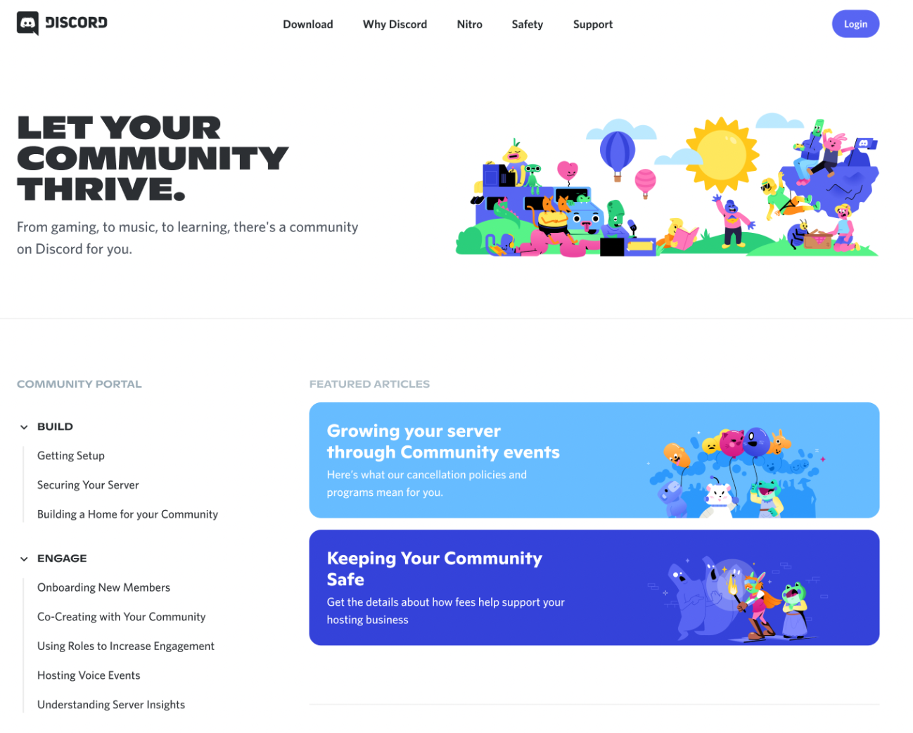 A website screenshot of our new Discord Community Resources. Within the image, you can see some of the articles that will be mentioned later in the blog like "Growing Your Server Through Community Events", "Keeping Your Community Safe", along with community-themed Discord character art.
