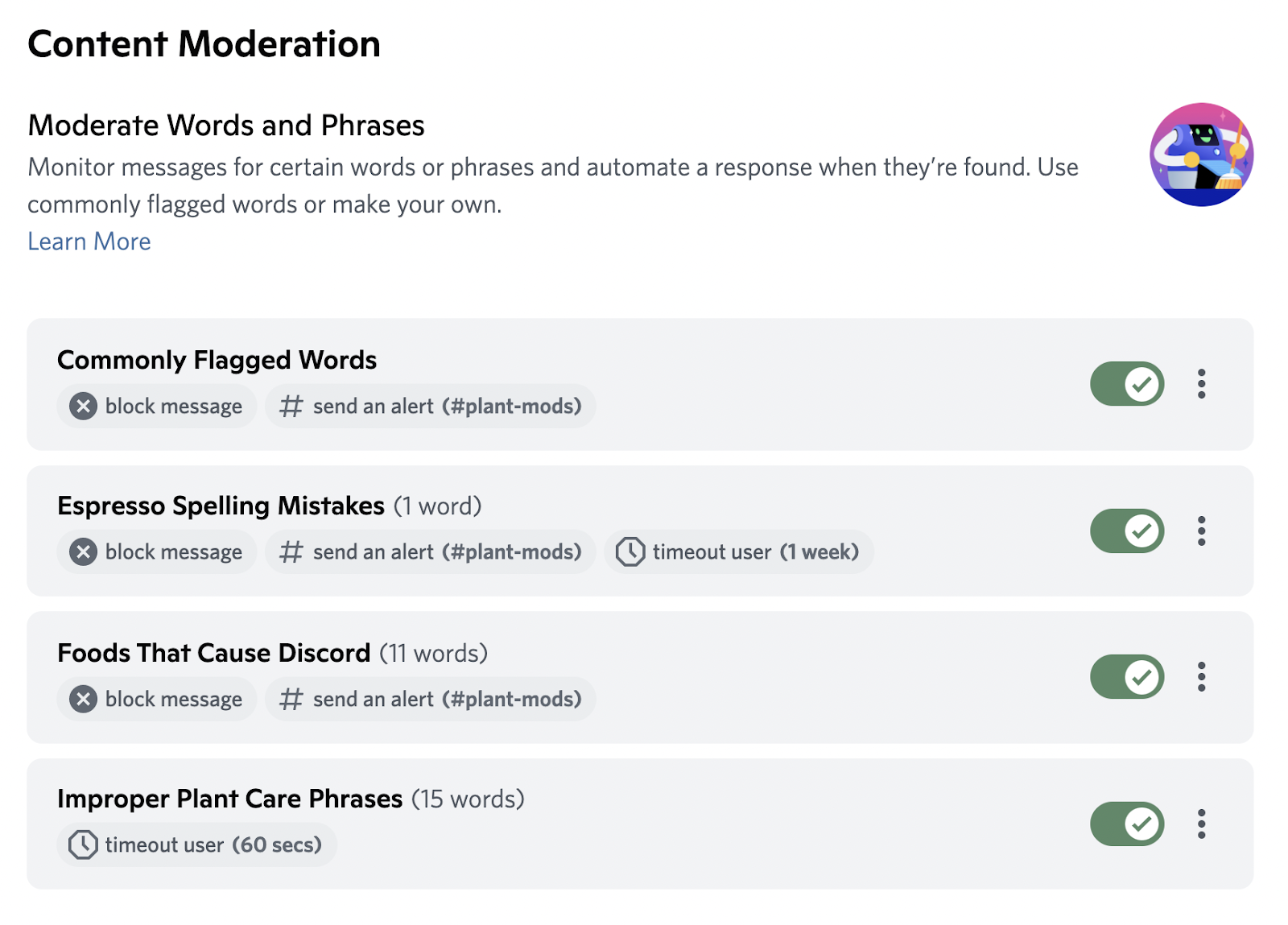 A screenshot of AutoMod’s rules page. Four rulesets are shown, with a variety of actions taken as certain actions are taken. Some automatically block messages, while others send alerts or timeout users.