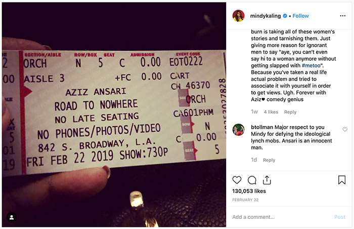 Mindy Kaling supports Aziz Ansari over Instagram