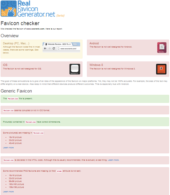 Sample Favicon Check Report From RealFaviconGenerator