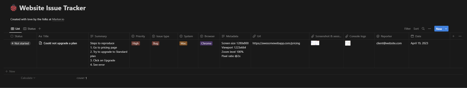 Example issue tracker template containing Title, Summary, Status, Priority, Issue type, and more.