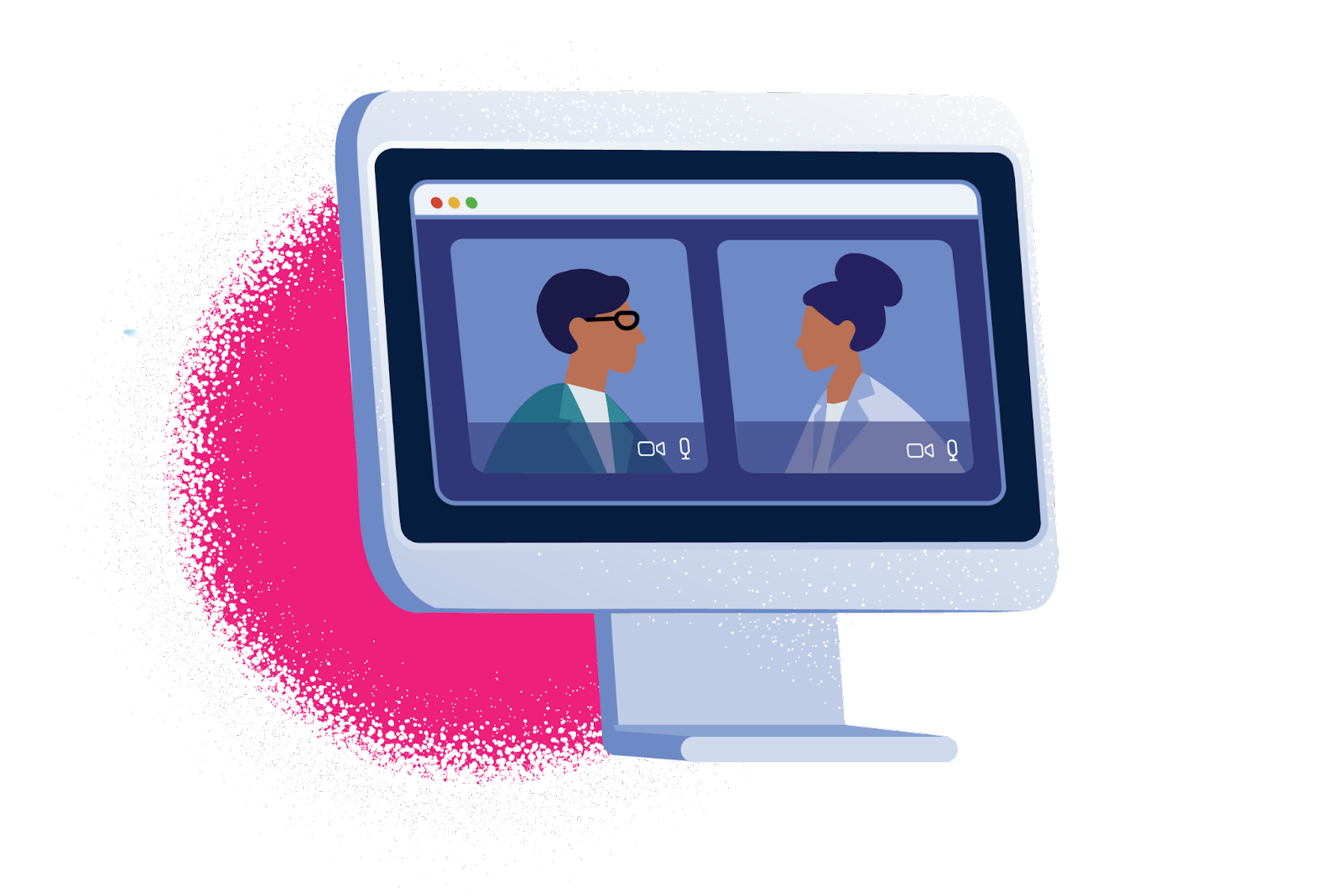 An illustration of a computer monitor with two people talking over Zoom.