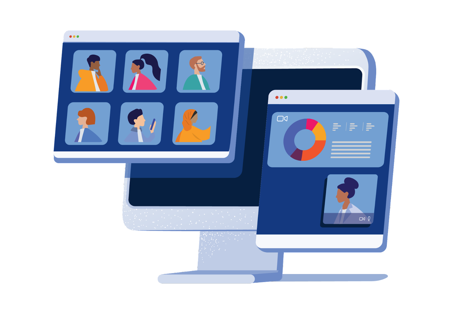 An illustration of a computer monitor with a virtual conference event playing onscreen.