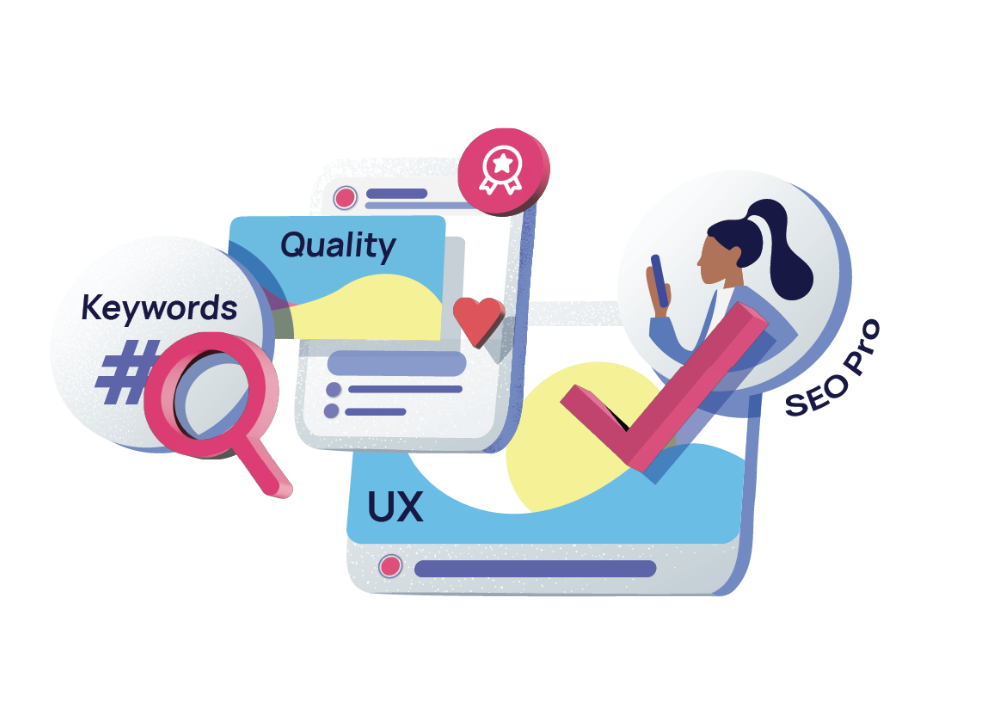 A graphic depicting different elements of SEO like quality, keywords, and UX