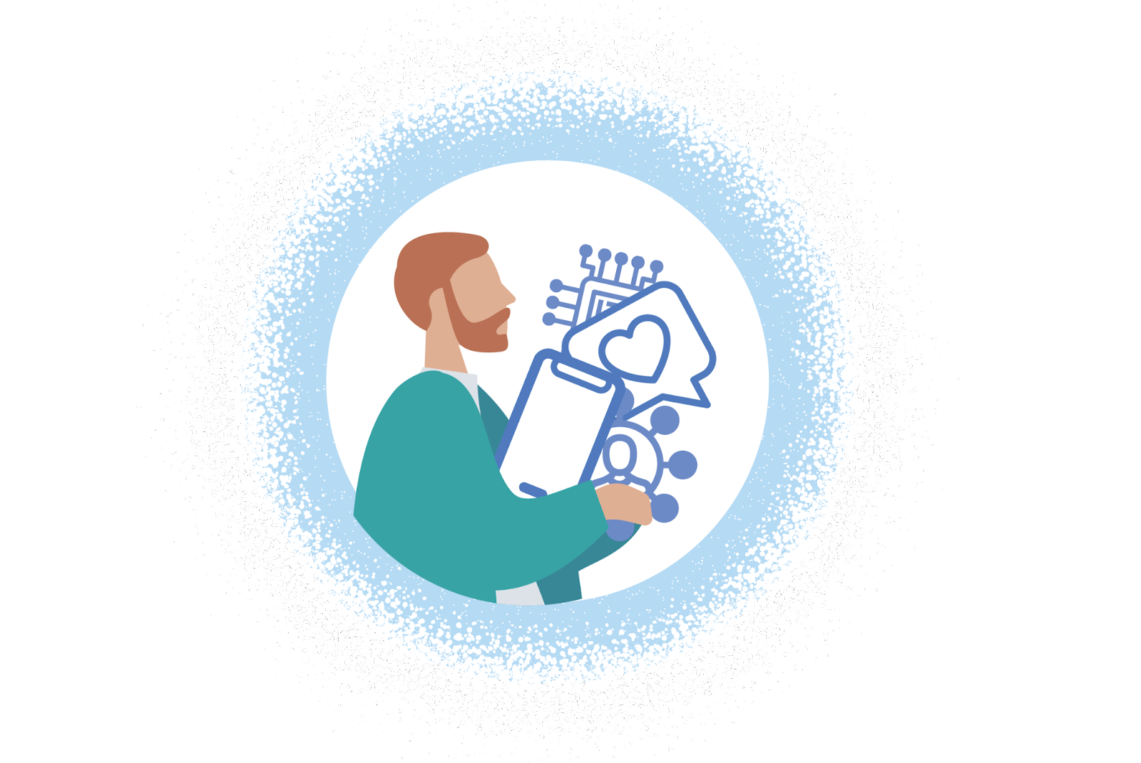 An illustration of a person clutching various symbols of technology.