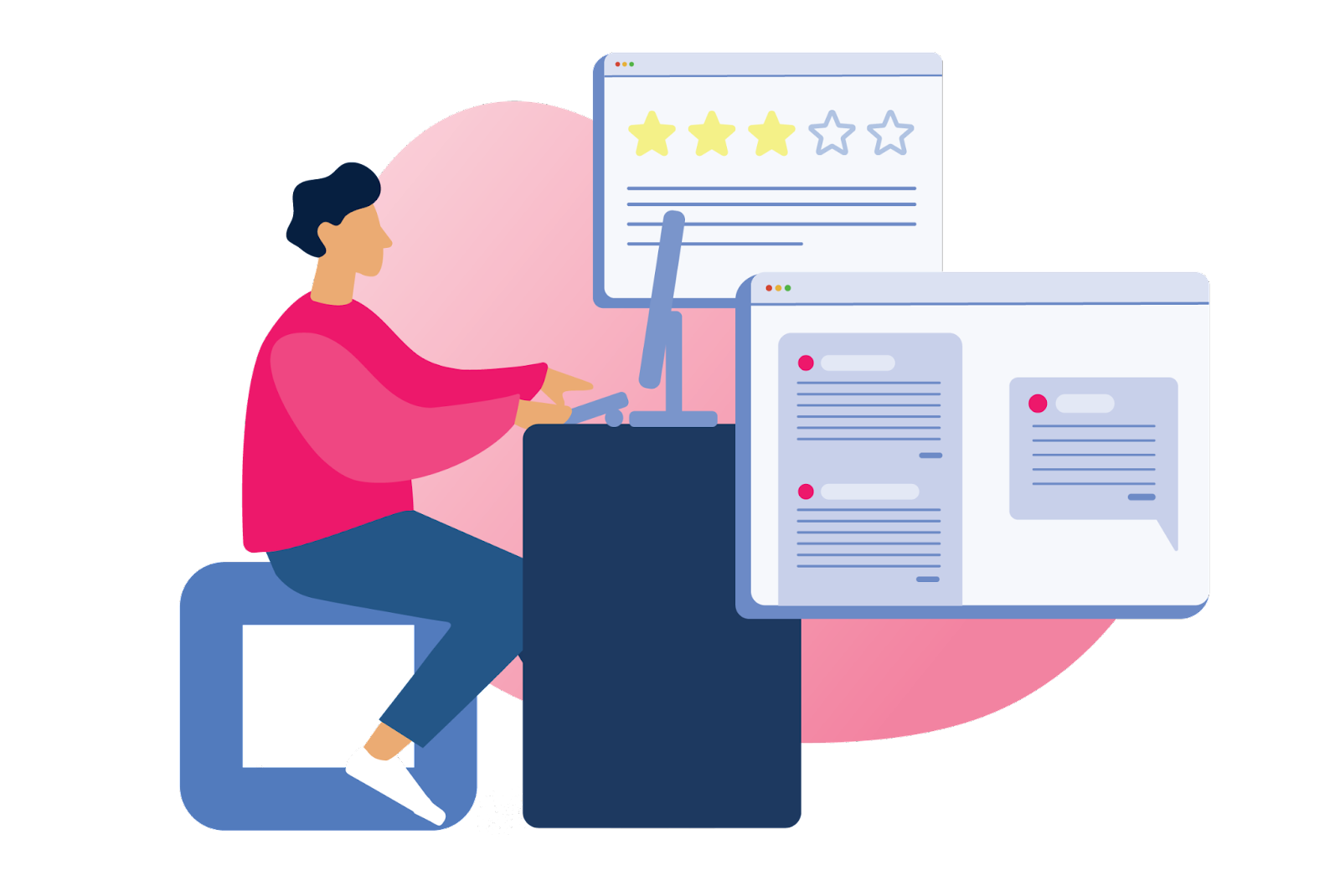 An illustration of a person sitting at their computer, researching product reviews.