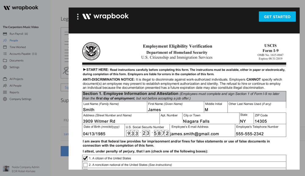 Filling in an I-9 on the employee side in Wrapbook will save production coordinators hours and just as many headaches
