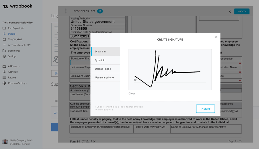 Employees can sign their I-9 digitally in Wrapbook