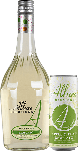 Front view of bottle and can for Allure Infusions Apple Pear Moscato