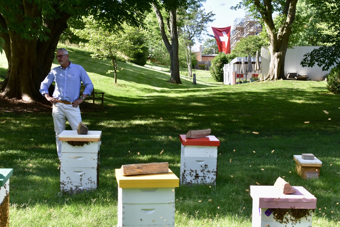 Swiss Ambassador Jacques Pitteloud surveys the hives he hosts on embassy grounds. Photo credit: Molly McCluskey