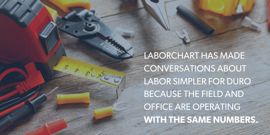 An image of various tools with the text "LaborChart has made conversations about labor simpler for Duro because the field and office are operating with the same numbers."