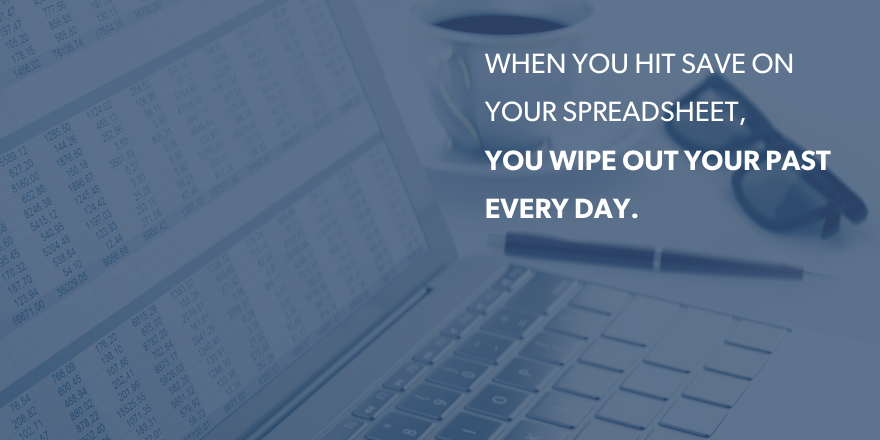 a computer with text "when you hit save on your spreadsheet you wipe out your past everyday" overlying the image