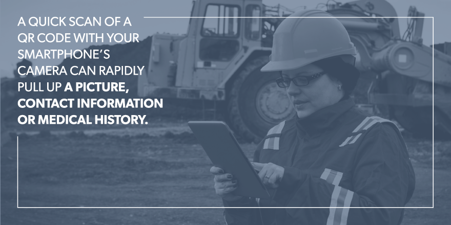 image of a woman construction worker on a tablet with the text: A quick scan of a qr code with your smarphone's camera can rapidly pull up a picture, contact information or medical history. overlying the image