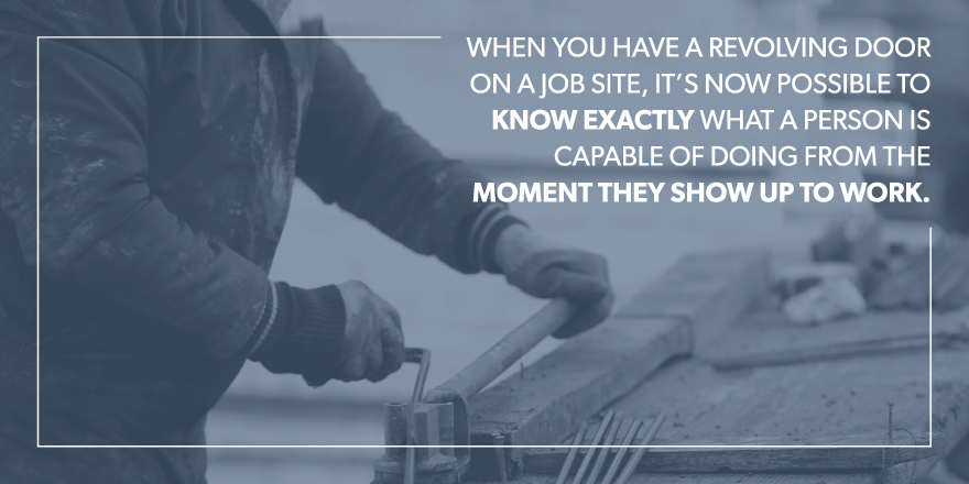 an image with the text: when you have a revolving door on a job site, it's now possible to know exactly what a person is capable of doing from the moment they show up to work.