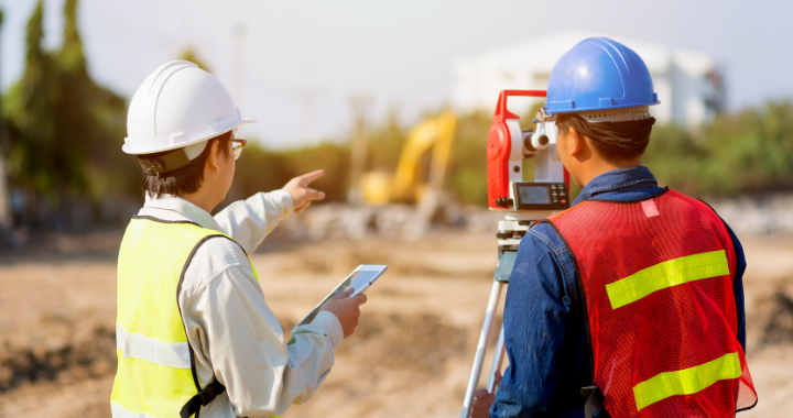 Two construction workers looking into the distance at a job site.