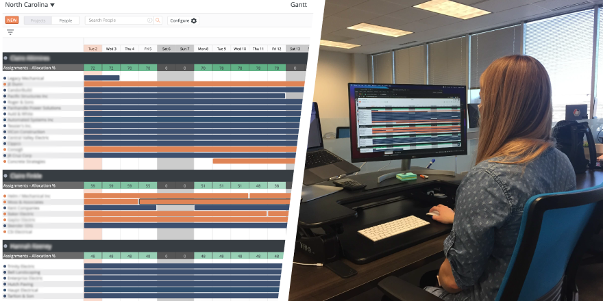 A screenshot of the LaborChart Gantt Page side by side an image of a LaborChart employee using the Gantt page.