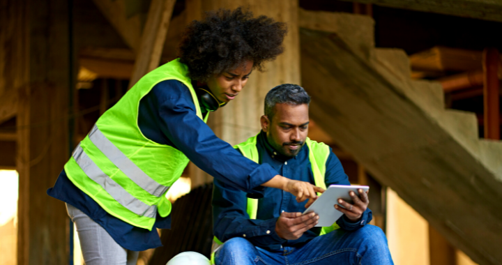 A male and female construction worker managing their workforce on a tablet.
