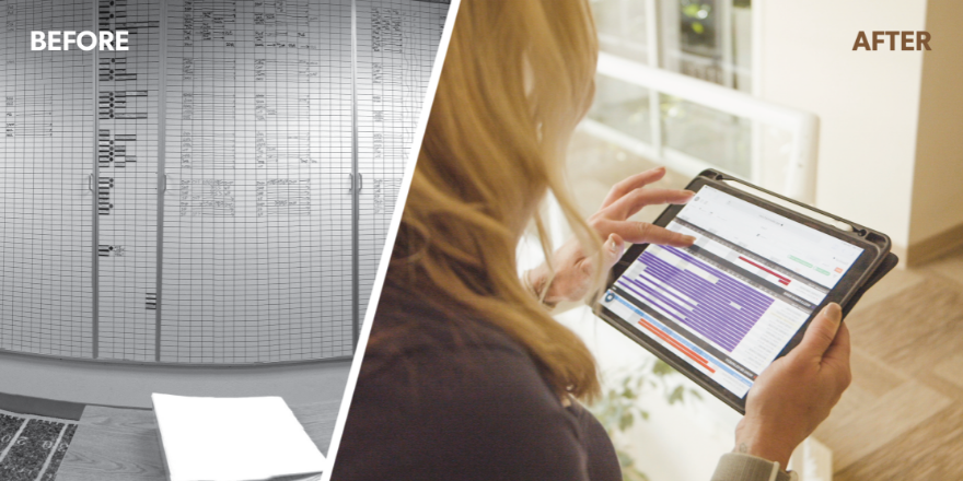 Before and after image of LaborChart customer W. Bradley Electric managing their workforce on whiteboards and now on their tablet.