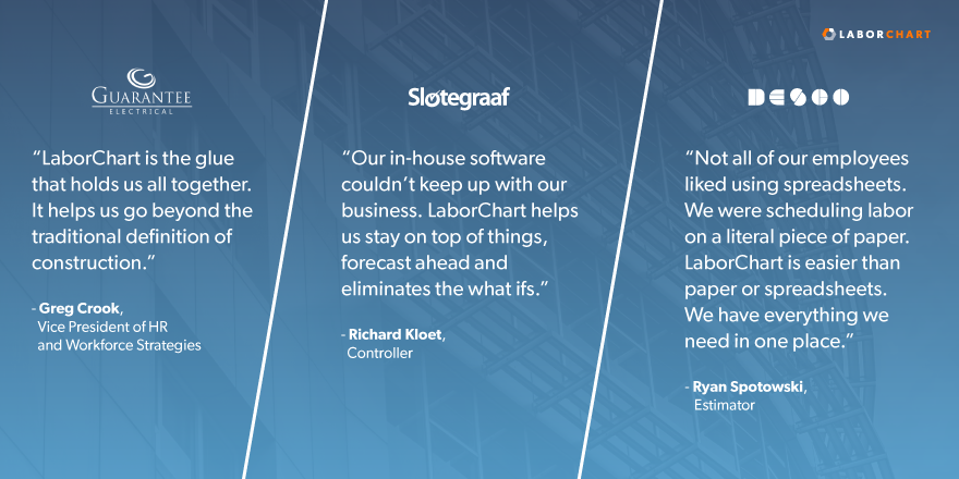 Three LaborChart customer quotes by Guarantee Electrical Company, Slotegraaf Construction and DESCO