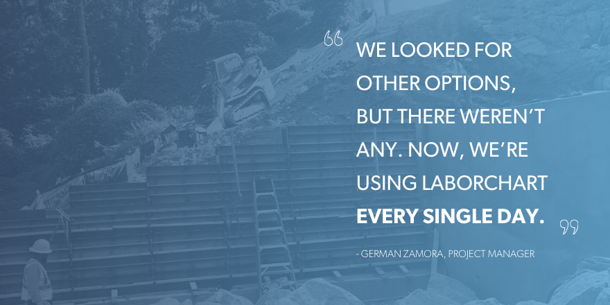A graphic image with the quote "we looked for other options but there weren't any. Now we're using LaborChart every single day."