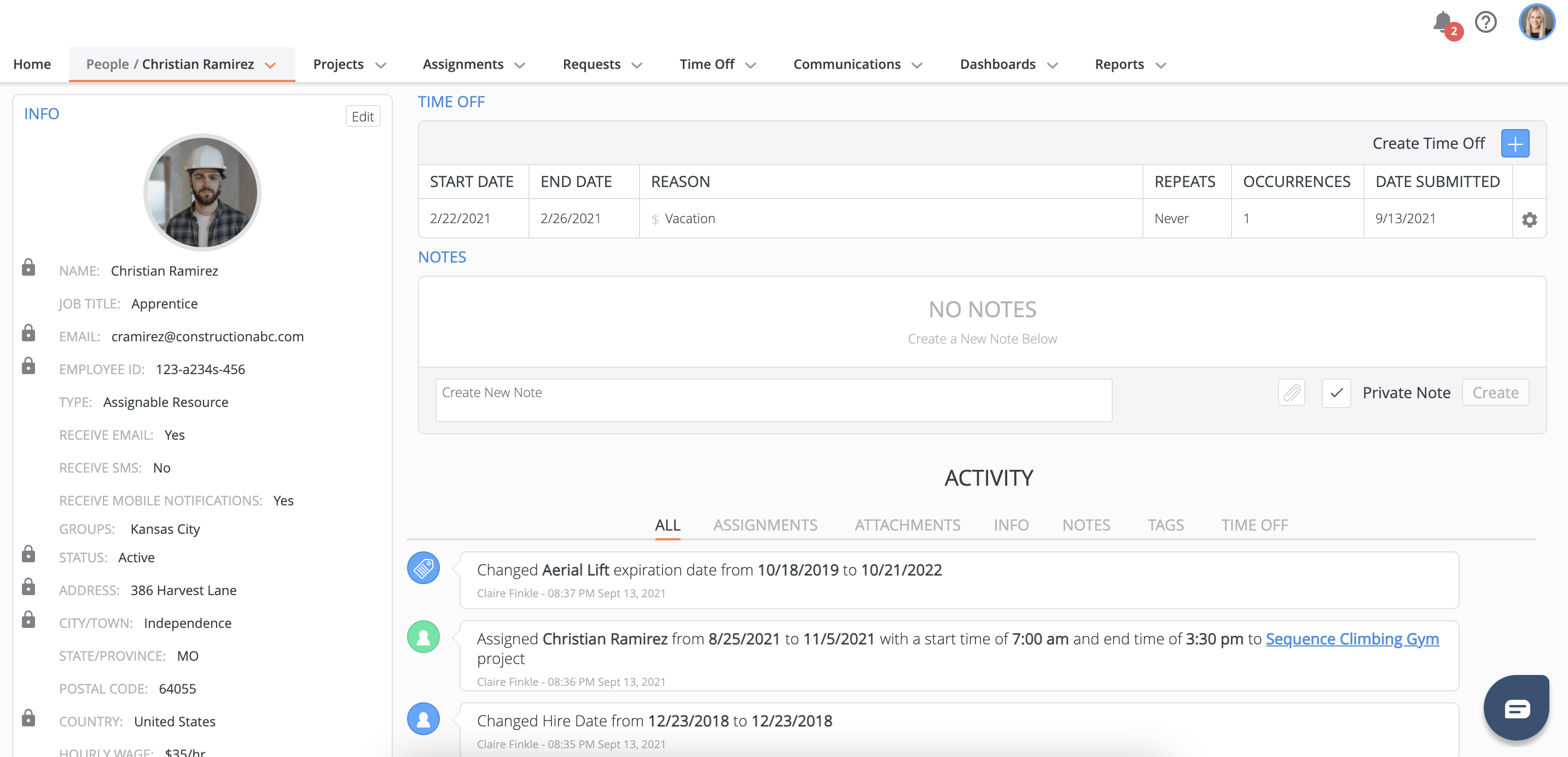 a screenshot of the peoples page with the construction workforce management platform; LaborChart.