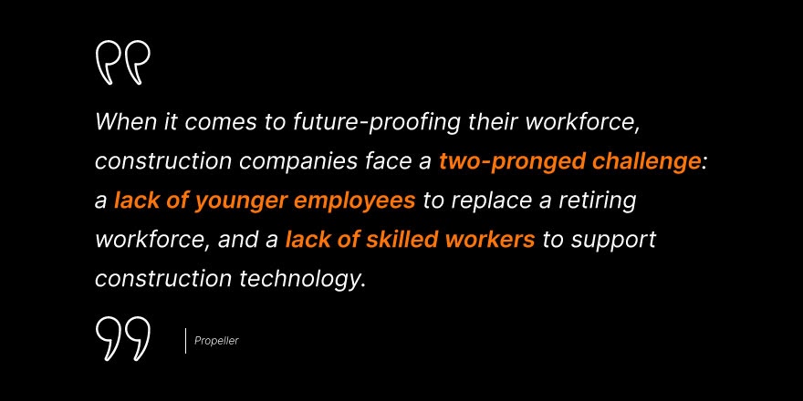 Propeller says, “When it comes to future proofing their workforce, construction companies face a two-pronged challenge: a lack of younger employees to replace a retiring workforce, and a lack of skilled workers to support construction technology.”