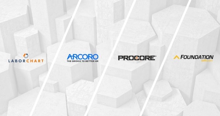 LaborChart, Arcoro, Procore and Foundation Software logos on a grey background with geometric shapes.